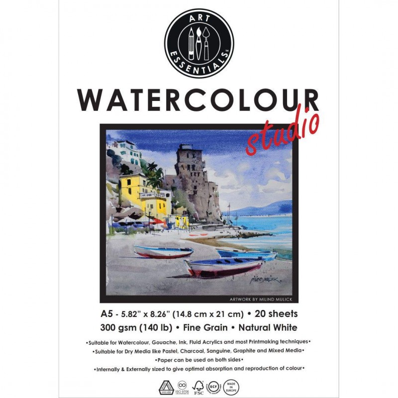 Art Essentials Watercolor Studio Natural White Fine Grain/Cold Press/Medium Surface 300 GSM Paper, Polypack (Pack of 20, Polypack - A5 )