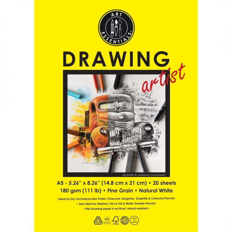 Art Essentials Drawing Artist A5 (14.8 cm x 21 cm) Natural White Fine Grain 180 GSM Paper, Polypack of 20 Sheets