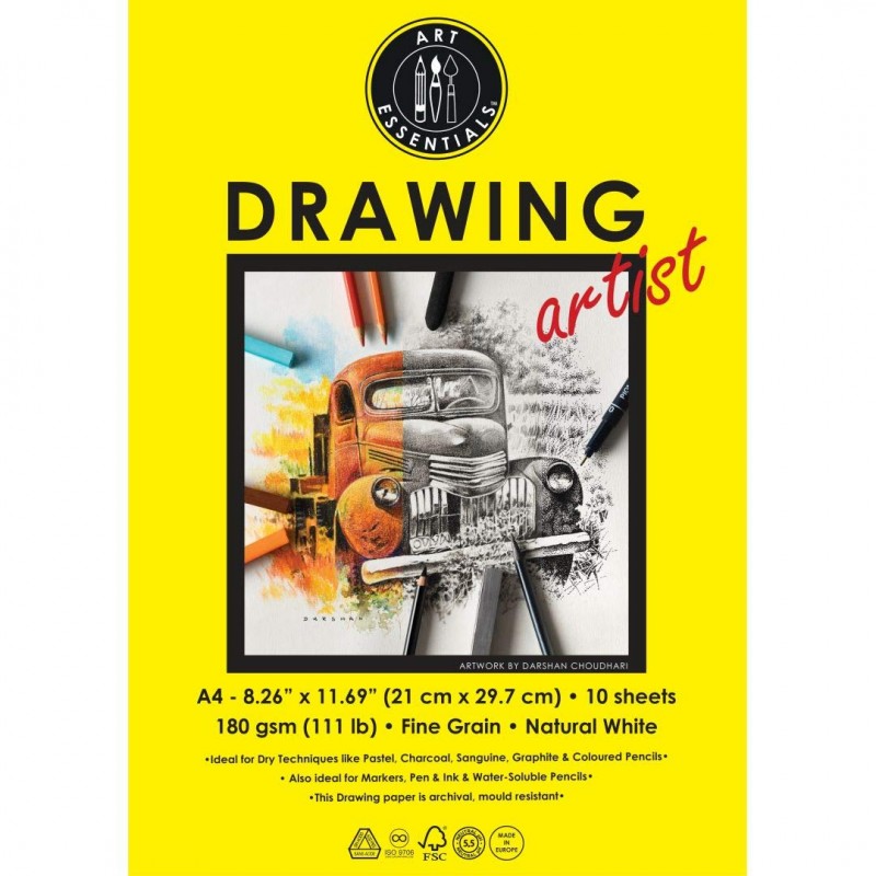 Art Essentials Drawing Artist A4 (21 cm x 29.7 cm) Natural White Fine Grain 180 GSM Paper, Polypack of 10 Sheets