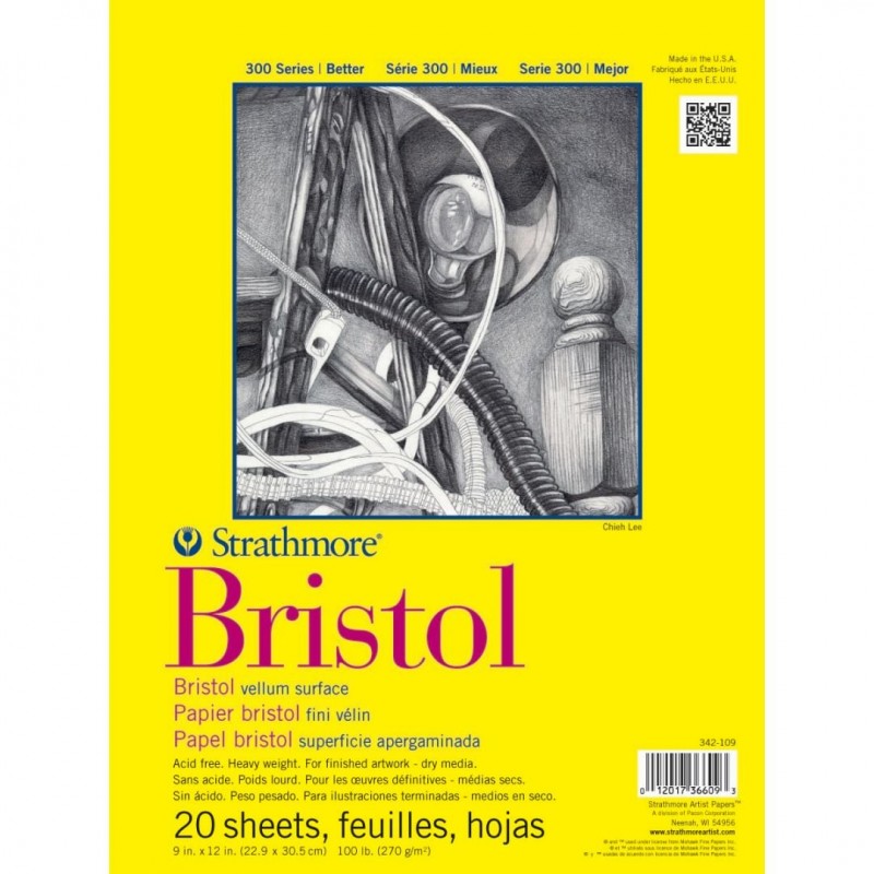 Strathmore 300 Series Bristol 9''x12'' Extra White Vellum 270 GSM Paper, Short-Side Tape Bound Pad of 20 Sheets