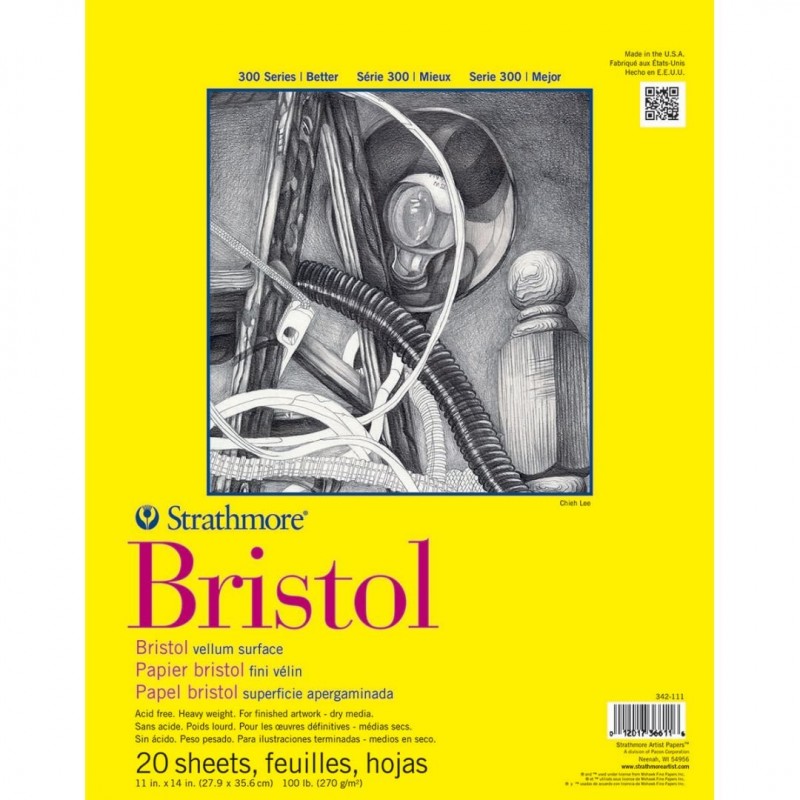 Strathmore 300 Series Bristol 11''x14'' Extra White Vellum 270 GSM Paper, Short-Side Tape Bound Pad of 20 Sheets