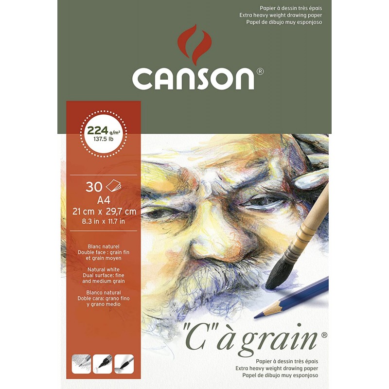 Canson C a Grain 224gsm Heavyweight drawing paper, fine grain texture, A4 pad including 30 sheets