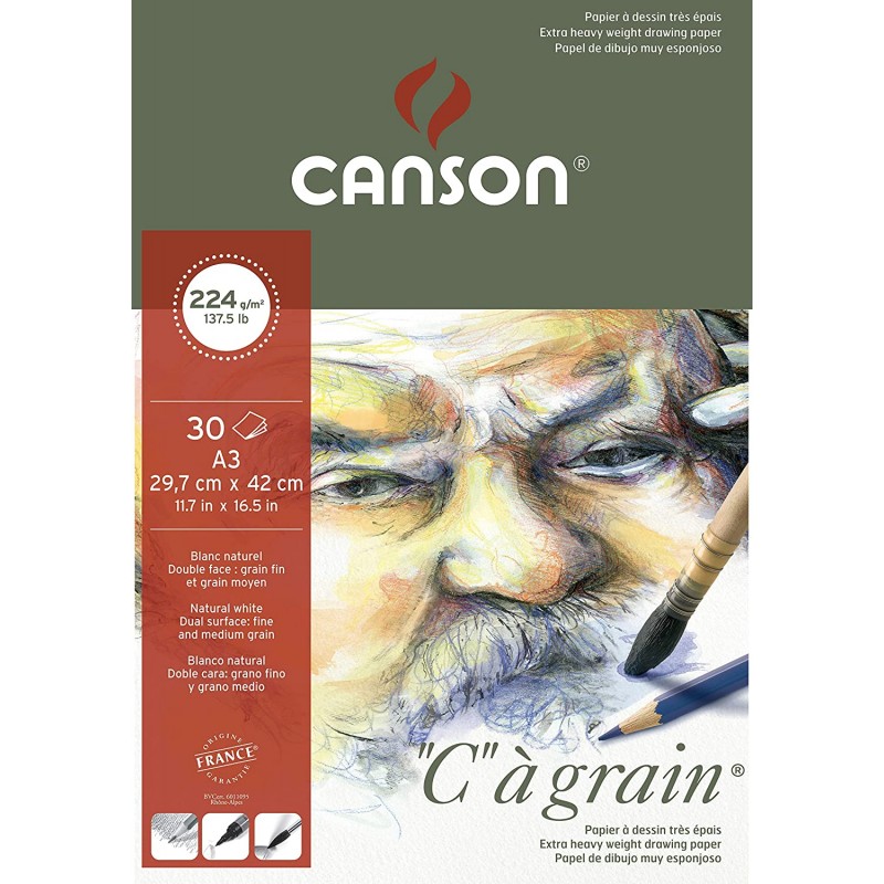 Canson C a Grain 224gsm Heavyweight drawing paper, fine grain texture, A3 pad including 30 sheets