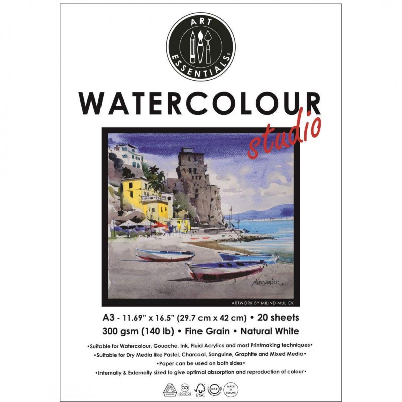 Art Essentials Watercolour Studio Natural White Fine Grain/Cold Press/Medium Surface 300 GSM Paper, Polypack A3 Pad of 20 Sheets