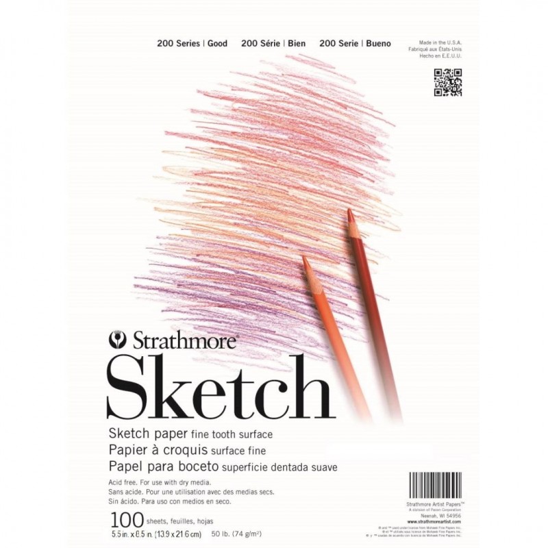 Strathmore 200 Series Sketch 5.5''x8.5'' White Fine Tooth 74 GSM Paper, Short-Side Tape Bound Pad of 100 Sheets