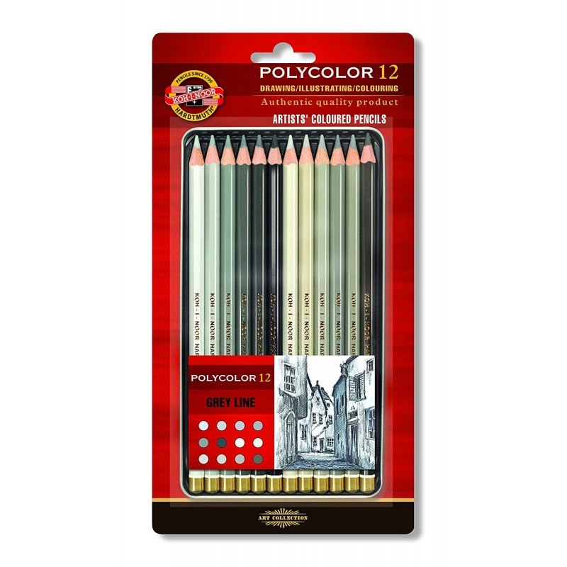 Koh-I-Noor Polycolor Artist's Coloured Pencils - Grey Line - Set of 12 in Tin Box