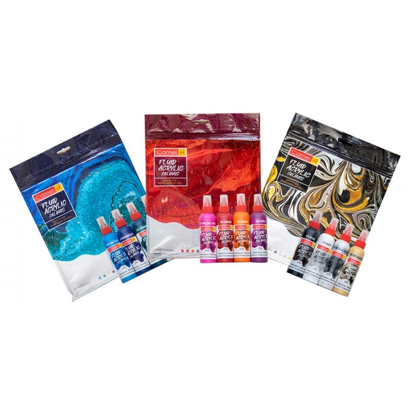 Camel Fluid Acrylic Kit Paint 3 Sunset, Aqua & Monochrome Series 
