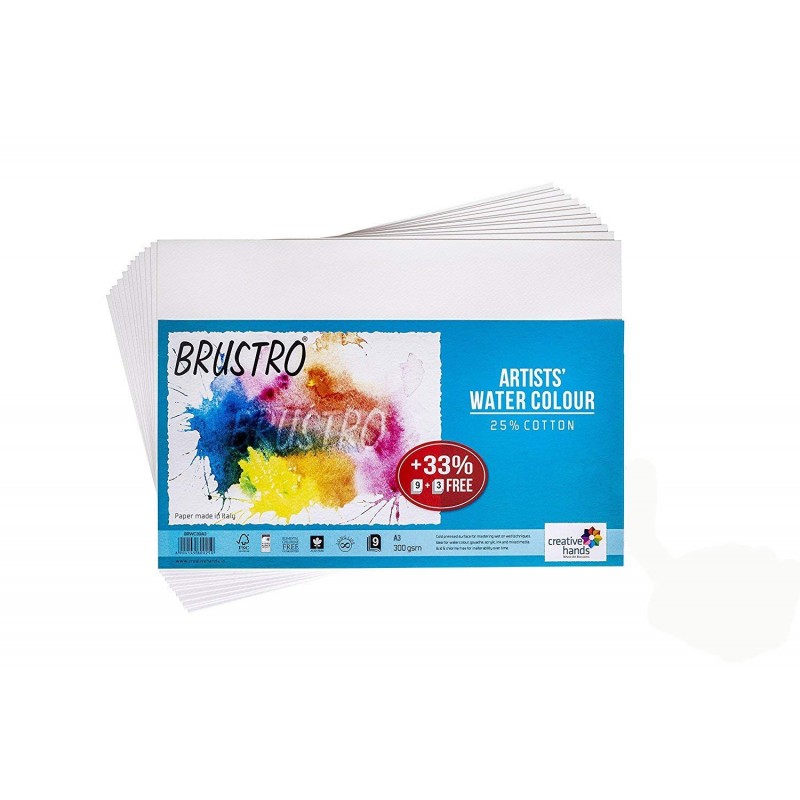Brustro Watercolour Papers 25% Cotton HP 300 GSM A4  ( Pack of 9 Sheets)