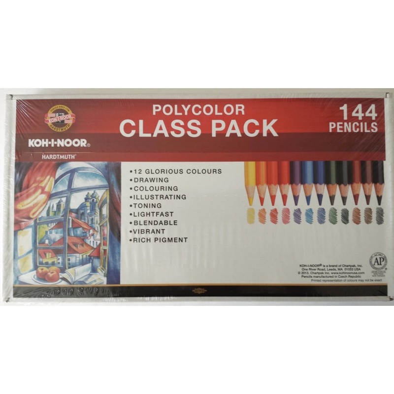 Koh-I-Noor Polycolour Drawing Pencil Class Pack, 12 Colors, 12 Each Per Color, 144 Pencils 