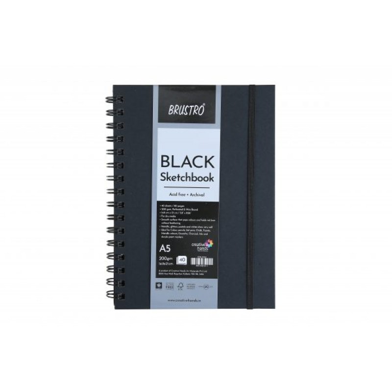 Brustro Black Sketchbook, Wiro Bound, Size A5, 200GSM (40 Sheets)80pages