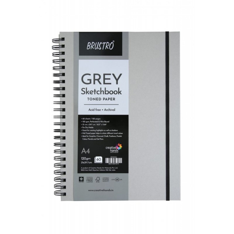 Brustro Toned Paper-Grey Sketchbook, Wiro Bound, Size A4, 120GSM (60 Sheets)120pages