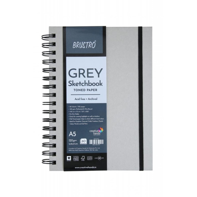 Brustro Toned Paper -Grey Sketchbook, Wiro Bound, Size A5 120GSM (60 Sheets)-120pages