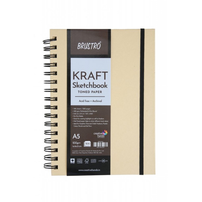 Brustro Toned Paper -Kraft Sketchbook, Wiro Bound, Size A5, 100GSM (100 Sheets) 200pages