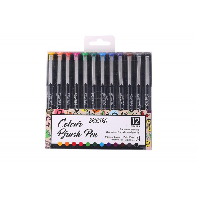 BRUSTRO Colour Brush Pens Set of 12 (Pigment Based, Hard tip Brush Pen) 